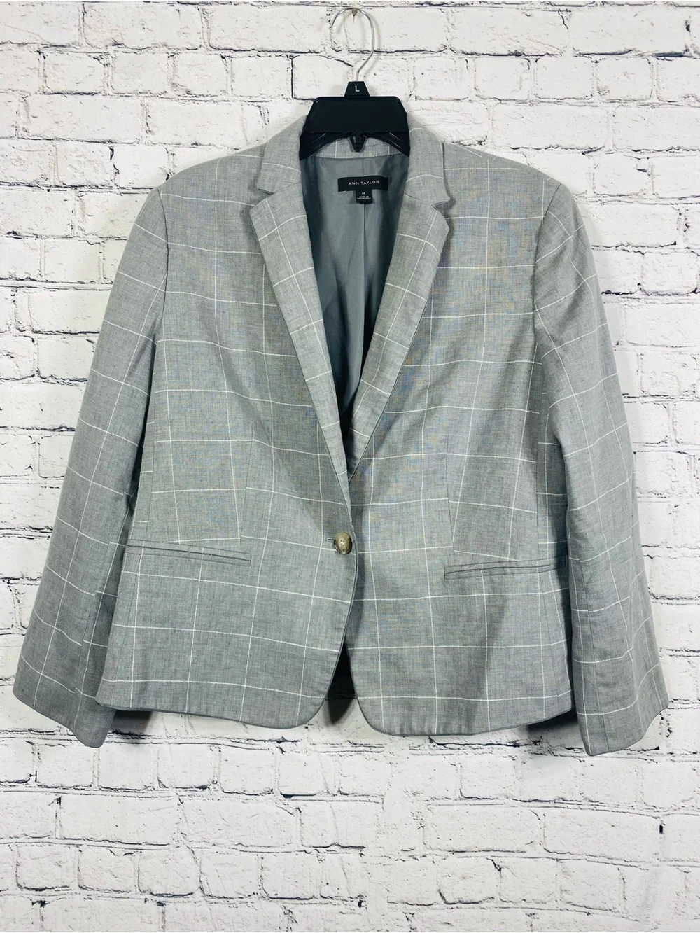 Ann Taylor Women's Light Gray Windowpane Single-Button Blazer Size 14
